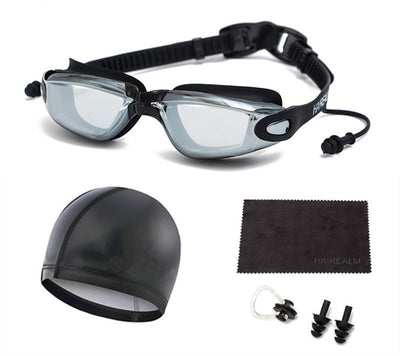 Swimming Goggles (Prescription 0-8.0 Diopters), Nearsighted Myopia swim goggles+Swimming cap+Nose Clip+Ear Plugs+Dry Cloth