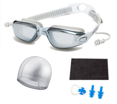 Swimming Goggles (Prescription 0-8.0 Diopters), Nearsighted Myopia swim goggles+Swimming cap+Nose Clip+Ear Plugs+Dry Cloth