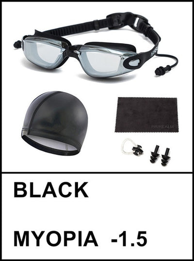 Swimming Goggles (Prescription 0-8.0 Diopters), Nearsighted Myopia swim goggles+Swimming cap+Nose Clip+Ear Plugs+Dry Cloth