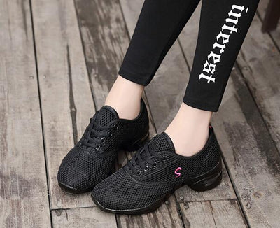 HoYeeLin Modern Jazz Dance Sneakers Women Breathable Mesh Lace Up Dancing Practice Shoes Cushioning Lightweight Fitness Trainers