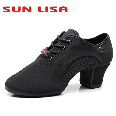 SUN LISA Women's Lady's Indoor & Outdoor Oxford Leather & Rubber Sole Chunky Heel Sneaker Ballroom Modern Latin Dance Shoes