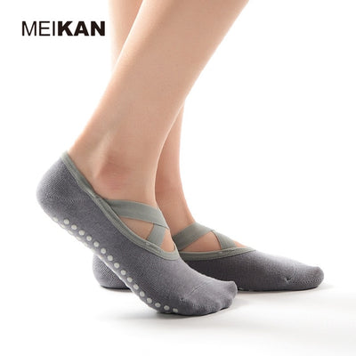 MK1721 MEIKANG Brand Women Combed Cotton Yoga Socks Cross Lace PVC Anti-Skid Particles High-Quality Dance Pilates Yoga Socks