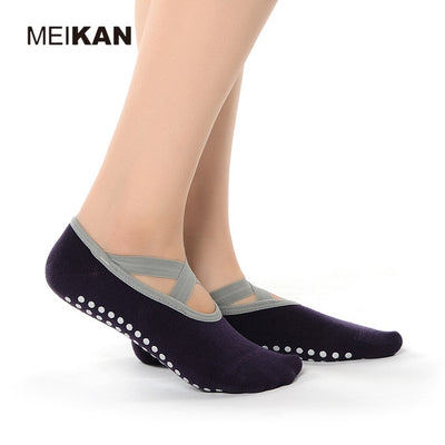 MK1721 MEIKANG Brand Women Combed Cotton Yoga Socks Cross Lace PVC Anti-Skid Particles High-Quality Dance Pilates Yoga Socks