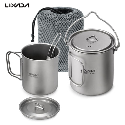 Lixada 3 Pcs Titanium 750ml Pot 420ml Water Cup Mug with Lid Handle Folding Spork for Outdoor Camping Hiking Picnic Backpacking