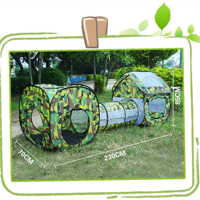 Outdoor Camouflage Shuttle Tunnel Tent for Baby Kids Waterproof Playhouse Tent with 2 Rooms 1 Tunnel Children's Gift Toy