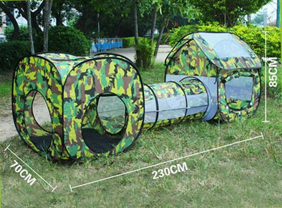 Outdoor Camouflage Shuttle Tunnel Tent for Baby Kids Waterproof Playhouse Tent with 2 Rooms 1 Tunnel Children's Gift Toy