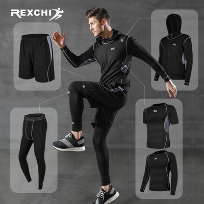 REXCHI 5 Pcs/Set Men's Tracksuit Gym Fitness Compression Sports Suit Clothes Running Jogging Sport Wear Exercise Workout Tights