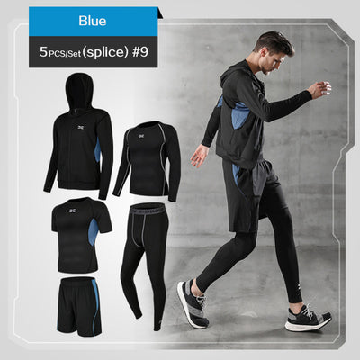 REXCHI 5 Pcs/Set Men's Tracksuit Gym Fitness Compression Sports Suit Clothes Running Jogging Sport Wear Exercise Workout Tights