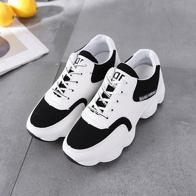 Fashion Lady Casual White Shoes Women Sneaker Black Leisure Thick Soled Shoes Flats Cross-tied Lace-Up White female student