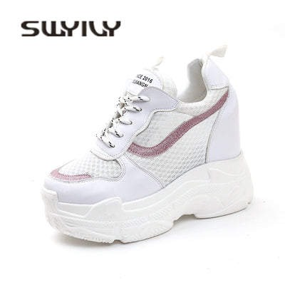 Shoes Woman Platform Sneakres 2019 White Mesh Breathable Ladies Casual Shoes Summer Wedge Sneakers On A High Platform Spring