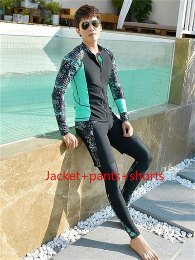 New arrive Fashion Men's wetsuit jacket+pants+short surf change 3 pieces diving rash guard beach swimming snorkelling wet suit